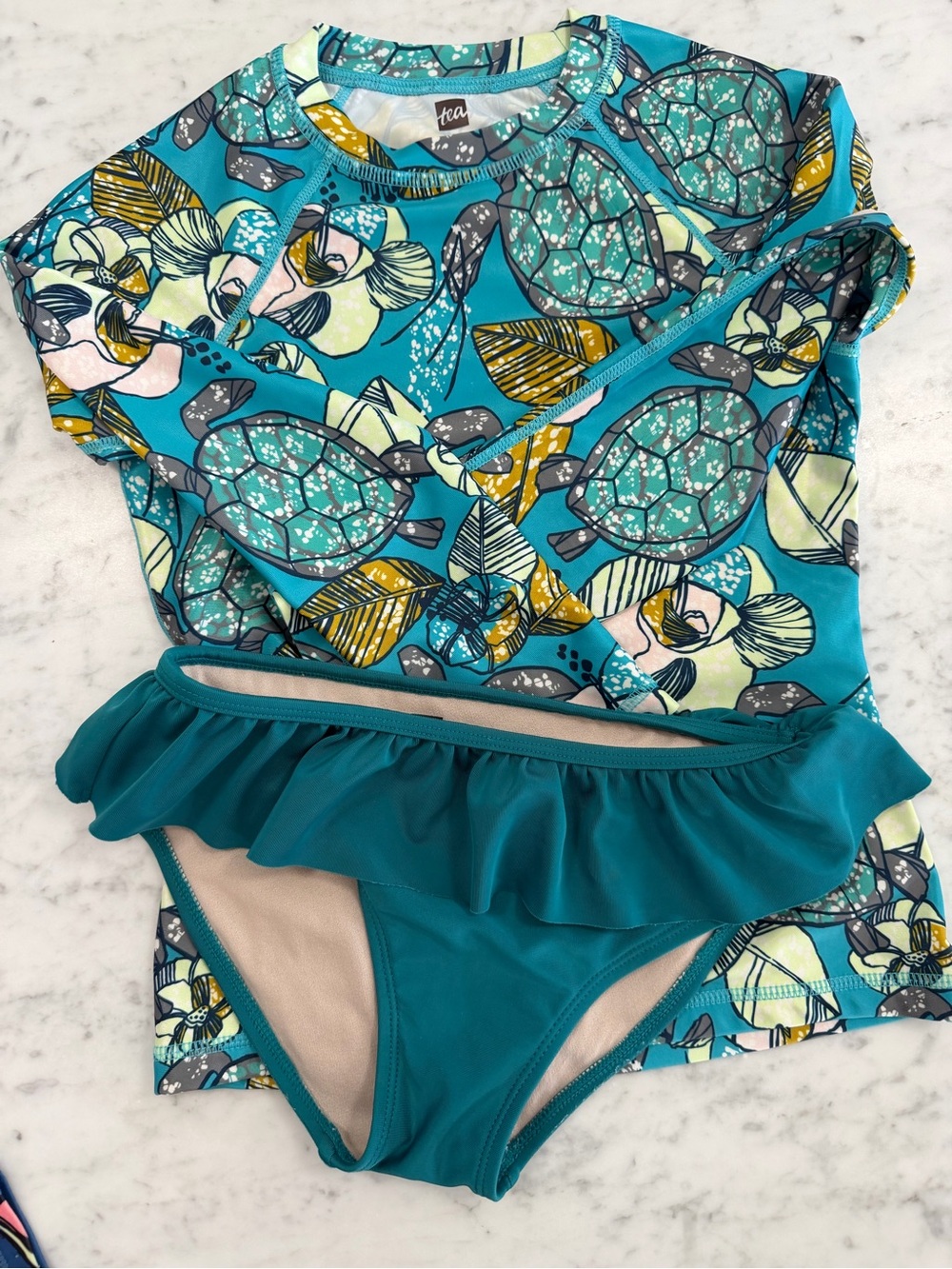 Tea Collection Teal Turtle-Print Long Sleeve Rashguard Set with Ruffle Bottoms